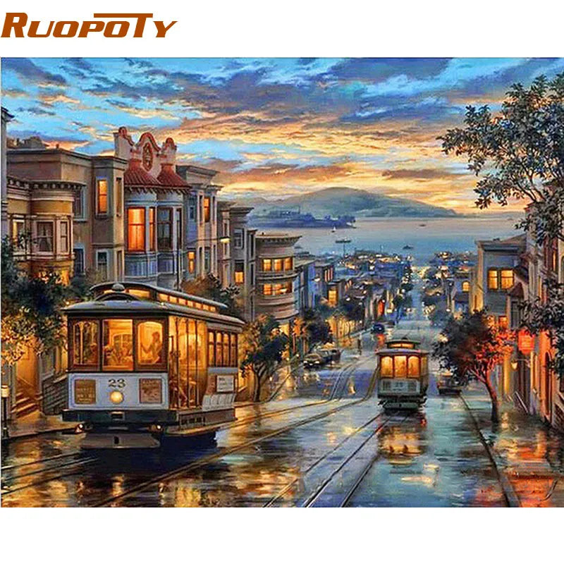 RUOPOTY-Cuadro de ciudad y autobús nocturno, pintura al óleo artesanal por números, paisaje moderno, cuadro sobre lienzo para pared, regalo único, obra de arte de pared