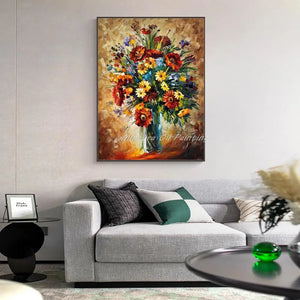 Hand-Painted Thick Bottle Flowers Oil Painting On Canvas,Modern Abstract Still Life Wall Art,Picture For Living Room,Home Decor