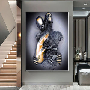 Pintura artística 3D de corazón de amor gris sobre lienzo, figura de Metal, estatua, carteles artísticos e impresiones, imágenes de pared para decoración del hogar y sala de estar