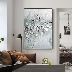 3D Knife Abstract White Flower Oil Painting on Canvas, Hand Painted, Contemporary Flower Wall Art for Interior Living Room Decor