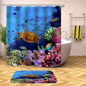 Cortina de ducha de peces tropicales, tortuga submarina, cortinas de baño impermeables para baño, bañera, cubierta de baño, ganchos grandes y anchos de 12 Uds.