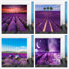 Cortinas de ducha con estampado 3D de lavanda púrpura y paisaje de flores, decoración del baño para el hogar, conjunto de tela de poliéster impermeable