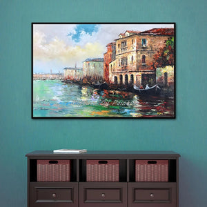 Mintura Wall Pictures for Living Room Oil Paintings on Canvas,Hand-Painted The Village By The Sea Hotel Decor Wall Art, No Frame