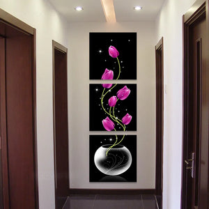 3 pieces Modular Vase with purple tulips Flowers wall art Canvas painting poster Porch Corridor Vertical Version Home Decoration