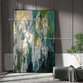 100% Handmade Abstract Green Gold Foil Oil Painting Modern Canvas Art Fashion Wall Pictures for Living Room Big Green Posters