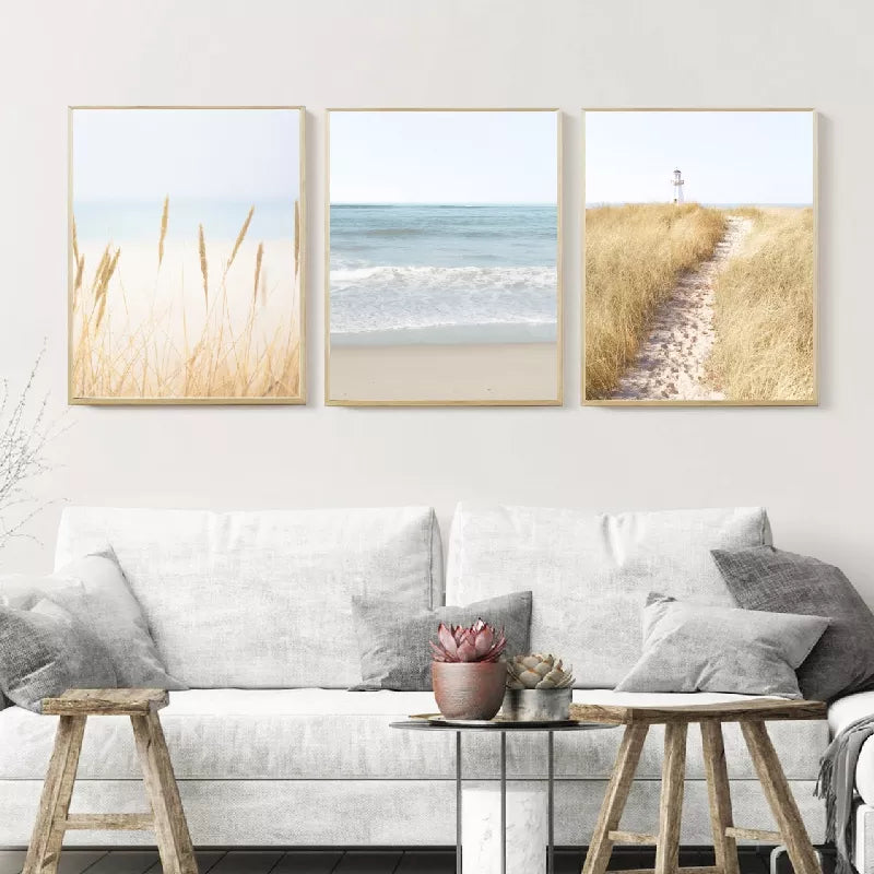 Coastal Wall Art Canvas Painting Pastel Beach Landscape Posters and Prints Pampas Grass Wall Pictures for Living Room Home Decor