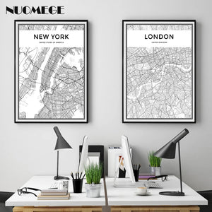 Mapa de ciudades del mundo en blanco y negro, arte de pared de Nueva York, Tokio, París, póster en lienzo, impresiones, pinturas de estilo nórdico, imagen para sala de estar