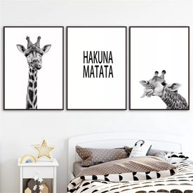 Schwarz-weiße Giraffen-Leinwandmalerei, Poster und Drucke, Kinderzimmer-Wandkunst, Hakuna Matata, nordische Bilder, Baby- und Kinderzimmerdekoration