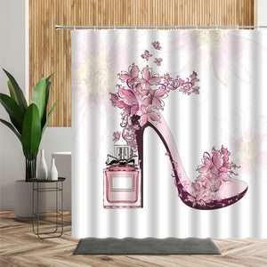 Rosa Mode Blumen Duschvorhänge Parfüm Flasche High Heel Kosmetik Mädchen Schlafzimmer Vorhang Set Stoff wasserdicht Bad Vorhang