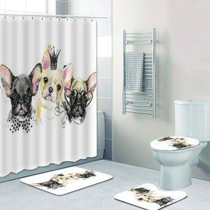 Pink Watercolor French Bulldog Puppy Bath Curtains Shower Curtain for Kids Bathroom Cartoon Sweet Dessert Frenchie Dog Mats Rug