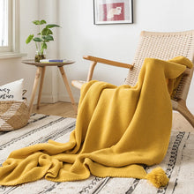 Charger l&#39;image dans la galerie, Couverture jaune en tricot pour canapé, couverture solide et douce avec pompons et pompons, pour voyage, 130x160cm, pour la maison, le canapé, la chaise, le lit, 50 &quot;x 62&quot;