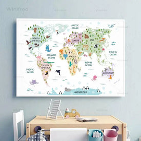 Affiche de carte du monde imprimée, décor de pépinière Pastel, thème Animal Safari, carte du monde, peinture sur toile d'art mural pour décoration de chambre d'enfants