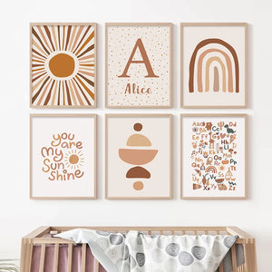 Cuadro sobre lienzo para pared con nombre del bebé personalizado, sol abstracto, arcoíris, imagen impresa, carteles para niños, decoración del hogar para habitación de niños