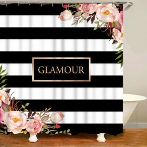 Ensemble de rideaux de douche floraux à rayures noires et blanches, élégant, personnalisé, pour tapis de salle de bain, tapis de baignoire, décoration de maison