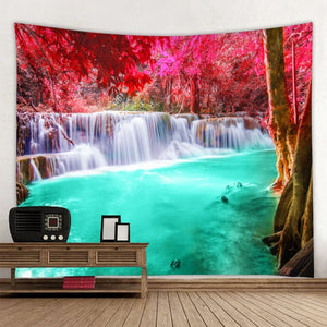 Hermoso tapiz de cascada natural con estampado de bosque, paisaje marino hippie, tapiz de pared bohemio, decoración de pared con mandala