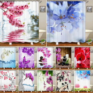 Cortina de ducha colorida de tulipán, flores de loto y árboles, cortinas de baño, flor natural, tela de poliéster impermeable, decoración de bañera