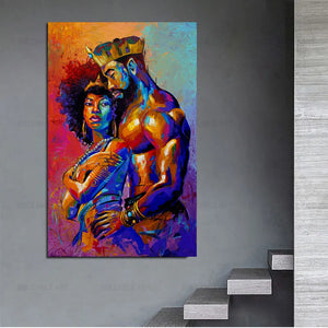African Black Art King and Queen Oil Painting Printed Canvas Painting Wall Art Sexy Couples Posters and Prints for Adult Bedroom