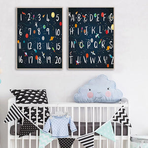 Planète fusée numéro Alphabet nom personnalisé pépinière mur Art toile peinture nordique affiche et impression mur photos enfants chambre décor