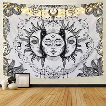 Charger l&#39;image dans la galerie, Blanc noir soleil lune Mandala tapisserie tenture murale céleste tapisserie Hippie mur tapis dortoir décor psychédélique tapisserie