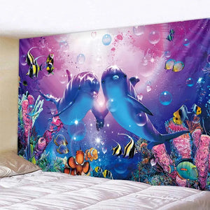 Tapiz de dibujos animados para colgar en la pared, fondo de tela, mundo submarino, decoración del hogar, manta, delfín, colgante de pared, decoración kawaii para dormitorio