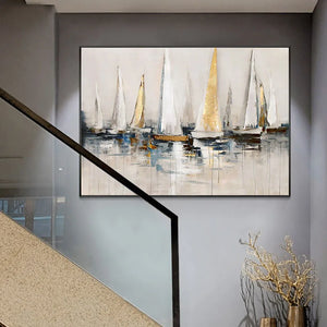 Sea scenery sailing boats abstract painting for home wall decoration Hand drawn oil painting on canvas picture for living room