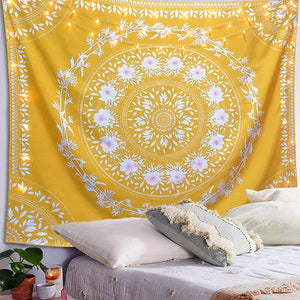 Tapiz de mandala bohemio, colgante de pared, flores amarillas interminables, alfombras de pared hippie, decoración de dormitorio, tapiz psicodélico