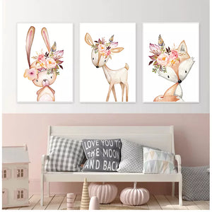 Babyzimmer Wandkunst Leinwand Bilder Kindergarten Drucke Blume Kaninchen Leinwand Malerei Waldtiere Poster Nordic Fox Deer Bild