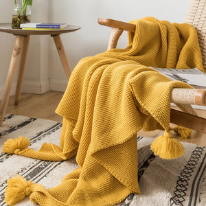 Manta amarilla para sofá, manta de punto, manta de borlas con pompón suave y sólida, manta de viaje de 130x160cm, sofá para el hogar, silla, sofá cama de 50 "x 62"