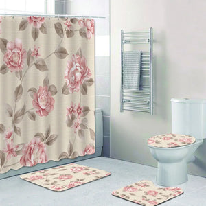 Shabby Chic Pink Victorian Roses Floral Bathroom Curtains Shower Curtain Set Elegant Flowers Bath Mat Rug Toilet Home Decor Gift