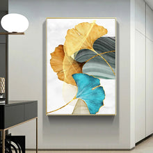 Cargar imagen en el visor de la galería, Pintura en lienzo de planta de hoja azul dorada, arte de pared abstracto moderno, póster e impresión de imágenes de Nordia para decoración del hogar y sala de estar