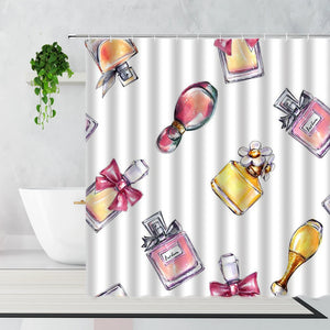 Cortinas de ducha de flores de moda rosa, botella de Perfume, cosméticos de tacón alto, conjunto de cortina para dormitorio de niña, cortina de baño impermeable de tela