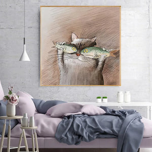 Nordic Modern Wall Art Canvas Painting Cartoon Cat With Fish Posters And Prints For Kids Room Cute Animal Hom Decoration