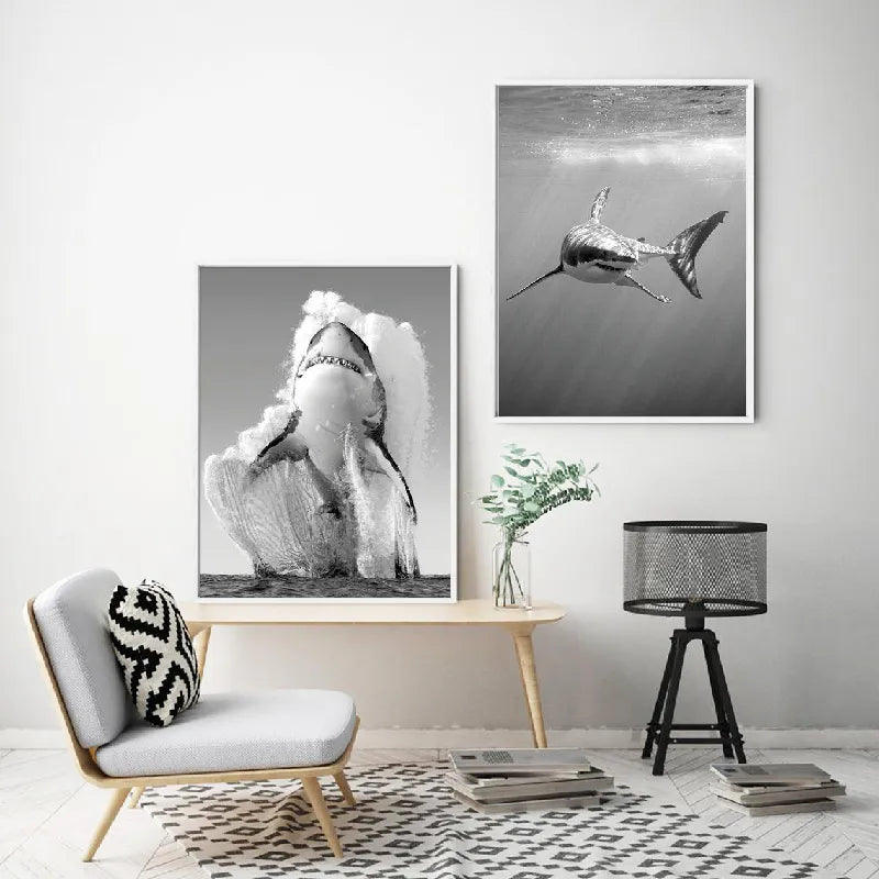 Gran tiburón blanco, carteles e impresiones en blanco y negro, cuadro sobre lienzo para pared natural monocromático, imágenes para decoración del hogar y la sala de estar