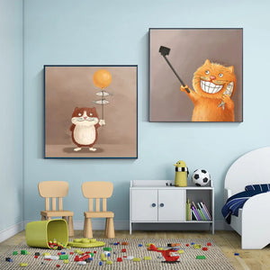 Nordic Modern Wall Art Canvas Painting Cartoon Cat With Fish Posters And Prints For Kids Room Cute Animal Hom Decoration