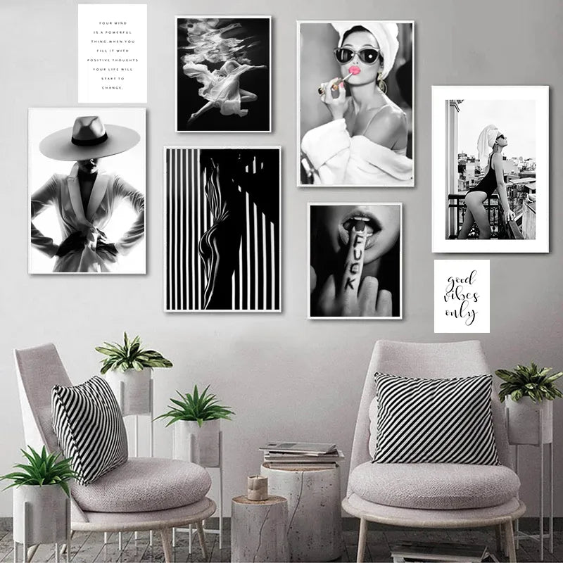 Póster de fotografía en blanco y negro, decoración del hogar, cuadro sobre lienzo para pared, estampado de figura de mujer a la moda para imagen para dormitorio nórdico