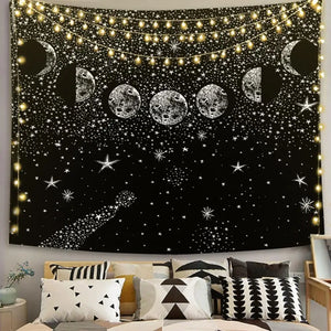 Tapiz de Mandala de Luna y sol blanco y negro, tapiz de pared Celestial para colgar en la pared, alfombras de pared Hippie, decoración de dormitorio, tapiz psicodélico