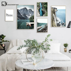 Imagen de cascada de lago de montaña, póster escandinavo, impresión de estilo nórdico, cuadro sobre lienzo para pared de paisaje natural, decoración moderna para habitación