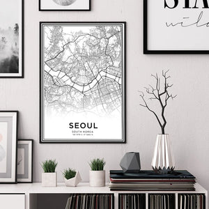 Latitudine Longitudine Seoul Mappa della città Stampe Corea del Sud Viaggio Wall Art Dipinti su tela Poster in bianco e nero Immagini Home Decor