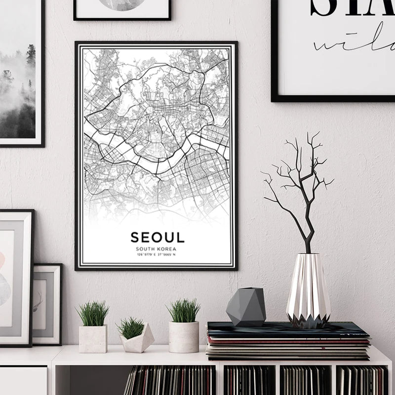 Latitudine Longitudine Seoul Mappa della città Stampe Corea del Sud Viaggio Wall Art Dipinti su tela Poster in bianco e nero Immagini Home Decor