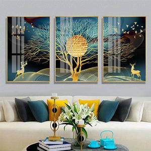 Cuadro sobre lienzo para pared carteles nórdicos e impresiones de cuadros decorativos para la decoración del hogar de la sala de estar, árbol, pájaro, ciervo abstracto dorado