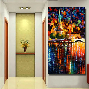 Large size 100% handpainted knife riverside build Oil Painting On Canvas Wall Art picture for sitting Room home Decoration