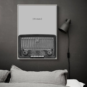 Nostalgique noir et blanc guitare radio CD équipement de musique mur Art toile impression peinture décorative photo chambre décoration