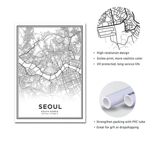 Latitudine Longitudine Seoul Mappa della città Stampe Corea del Sud Viaggio Wall Art Dipinti su tela Poster in bianco e nero Immagini Home Decor