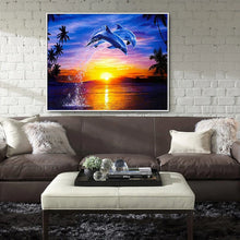 Cargar imagen en el visor de la galería, DIY 5D pintura de diamante mosaico puesta de sol escénica y delfines hecho a mano conjunto de punto de cruz de diamante bordado de diamantes KBL
