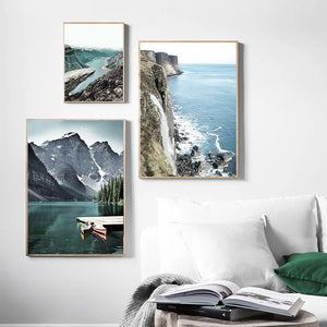 Imagen de cascada de lago de montaña, póster escandinavo, impresión de estilo nórdico, cuadro sobre lienzo para pared de paisaje natural, decoración moderna para habitación