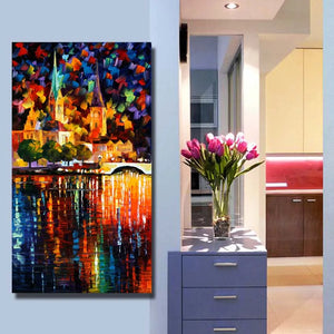 Large size 100% handpainted knife riverside build Oil Painting On Canvas Wall Art picture for sitting Room home Decoration