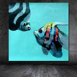 Handpainted Cartoon Animal 2 fishes kissing Oil Painting Popular Modern Canvas for Kids Room Home Decoration Dropshipping