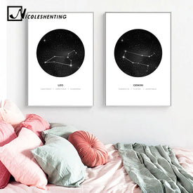Созвездия, настенная живопись на холсте для детской комнаты, знак зодиака, астрология, черный, белый цвет, принт, скандинавские детские украшения, фотографии
