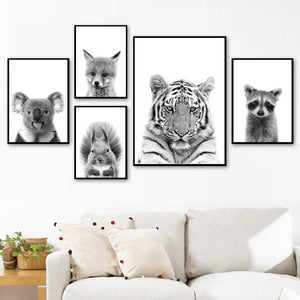 Toile d'art mural en noir et blanc, raton laveur, renard, Koala, écureuil, peinture, affiches et imprimés nordiques, photos murales, décor de chambre d'enfant et de bébé