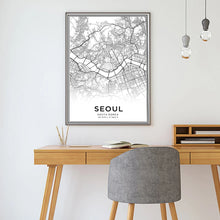 Carica l&#39;immagine nel visualizzatore della Galleria, Latitudine Longitudine Seoul Mappa della città Stampe Corea del Sud Viaggio Wall Art Dipinti su tela Poster in bianco e nero Immagini Home Decor